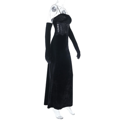 Velvet Evening Gown - Lace Halter with Long Gloves - Fashions Envy