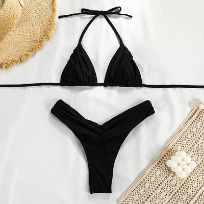 Pleated Bikini Set Two Piece - Ruched Triangle Swimsuit