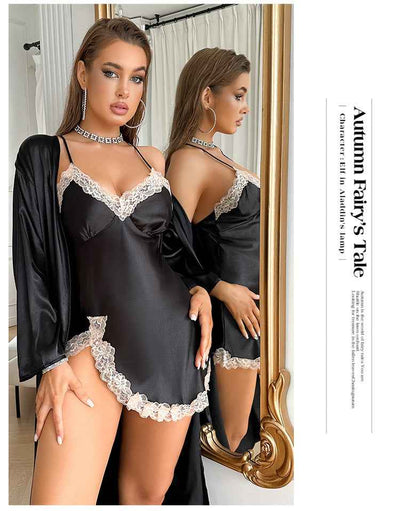 Satin Robe Set - Long Sleeve Robe and Slip Nightdress