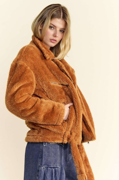 Brown Fuzzy Zip Up Collared Neck Jacket