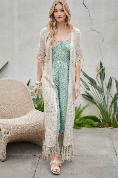 Solid 3/4 Sleeve Long Cardigan With Fringe