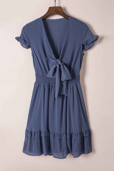 Ruffle Hem Mini Dress - Flirty Bow-Tie V-Neck