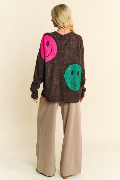 Dark Brown Contrast Smile Round Neck Oversize Sweater