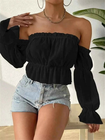 Off-Shoulder Ruffle Trim Sheer Cropped Blouse