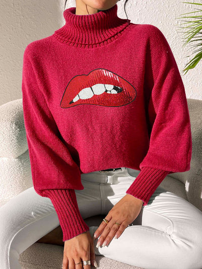 Lip Turtleneck Long Sleeve Sweater - Fashions Envy