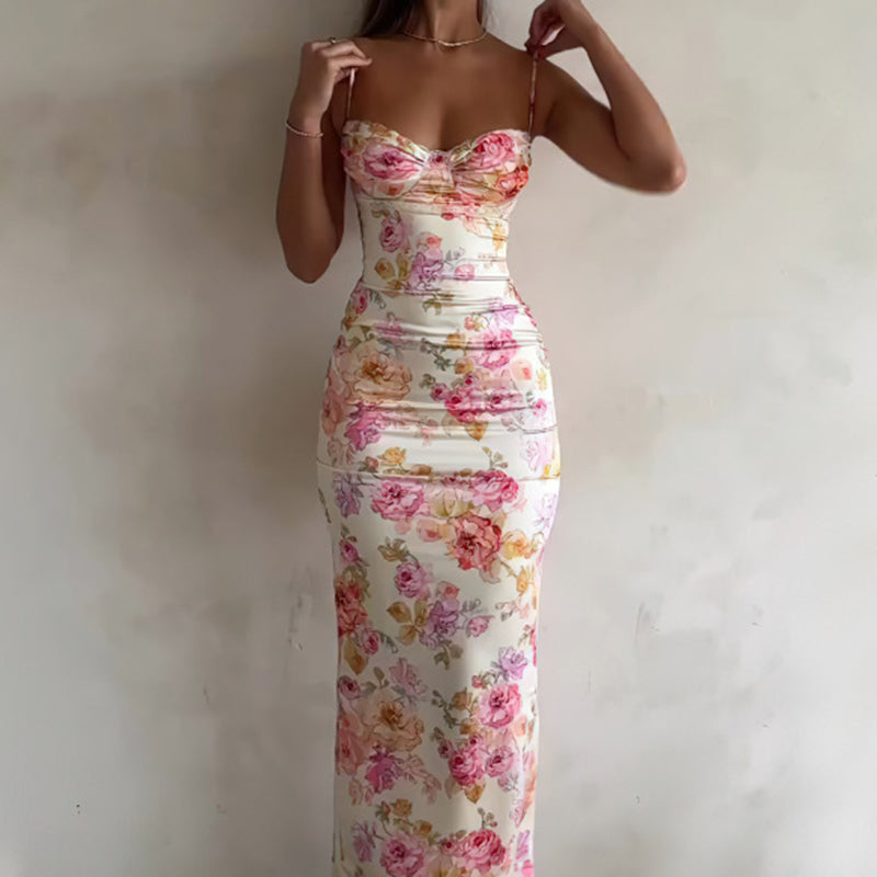 Floral Maxi Dress - Bodycon Spaghetti Strap Vacation Dress