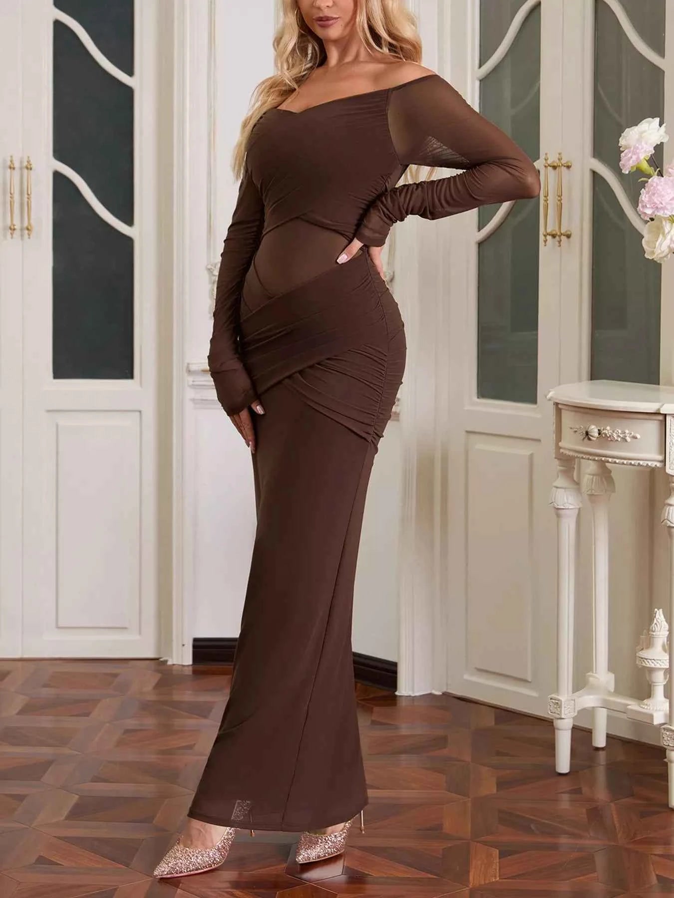 Off-Shoulder Maxi Dress - Ruched Mesh Long Sleeve