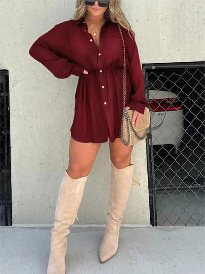Mini Shirt Dress - Long Sleeve Button Up Style