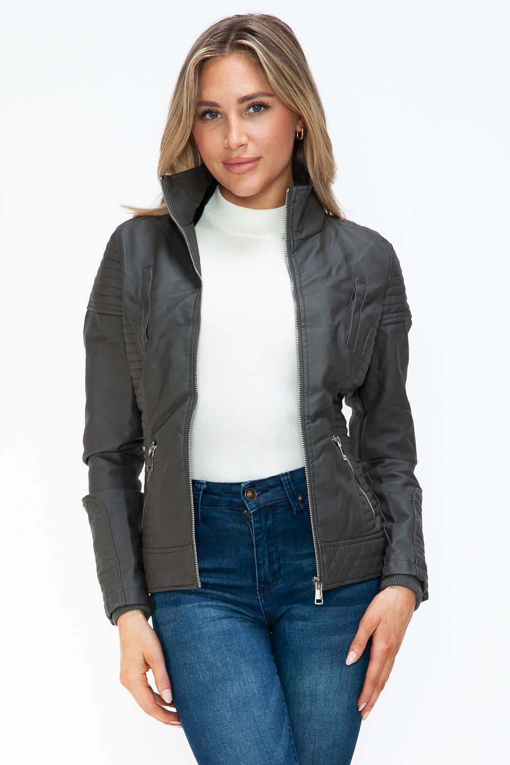 Charcoal Faux Layered Double-Zipper Jacket with Fuzzy Hood