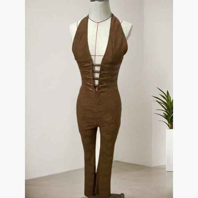 Lace Halter Jumpsuit - Deep V Wide Leg Style - Fashions Envy