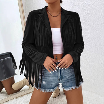 Women's Black V-Neck Fringe Jacket - Long Sleeve Short Coat