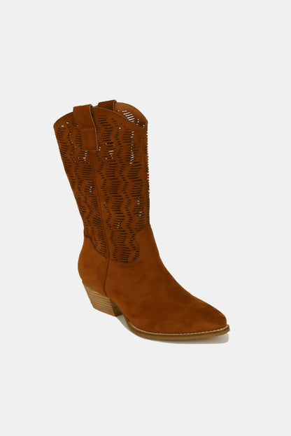 Brown Faux Suede Laser Cut Detail Block Heel Boots