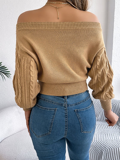 Cable Knit Off-Shoulder Sweater - Cozy Long Sleeve