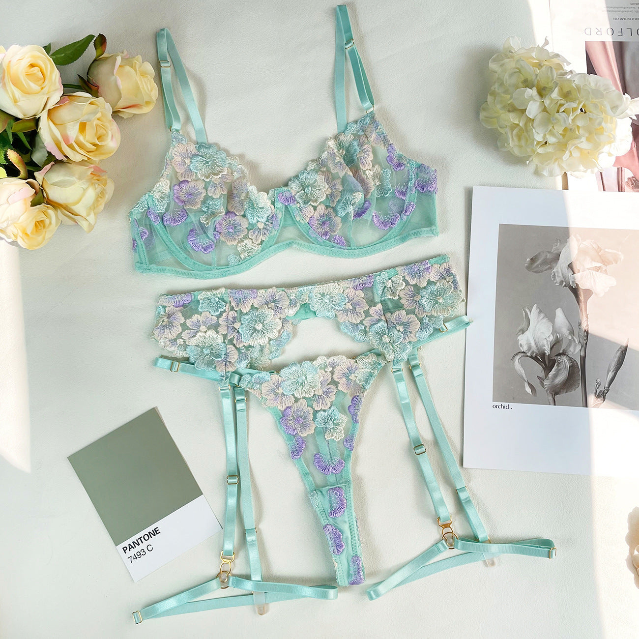 Floral Embroidered Garter Set - Lace Up Intimate Wear