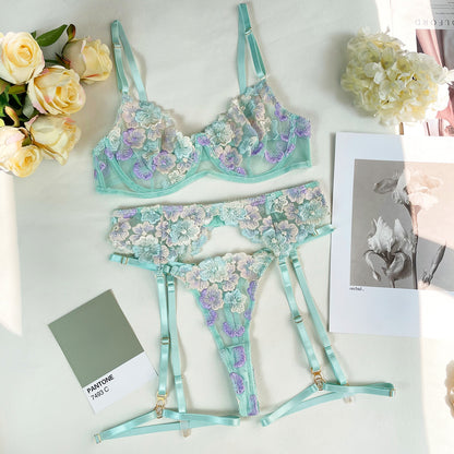Floral Embroidered Garter Set - Lace Up Intimate Wear
