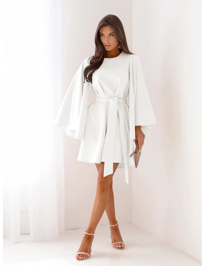 Autumn Mini Dress - Flared Sleeve Lace-Up Round Neck - Fashions Envy