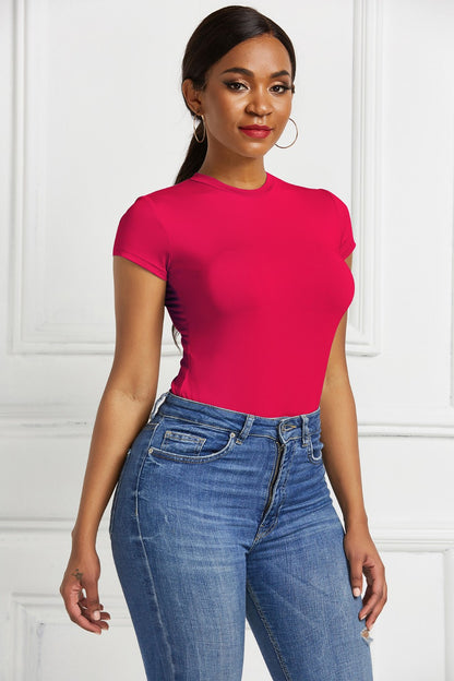 Round Neck Short Sleeve Bodysuit - Fashions Envy