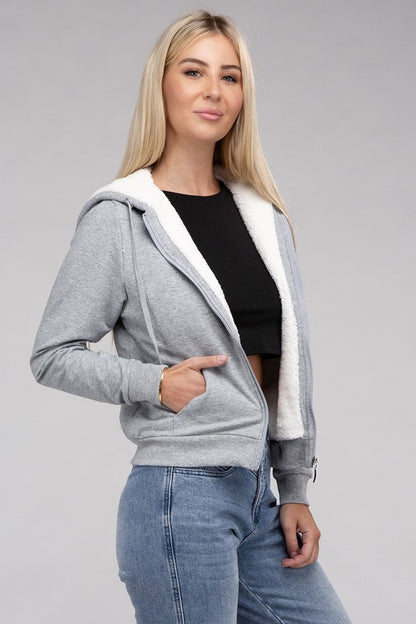 Fuzzy Trim Zip-Up Cropped Length Hoodie