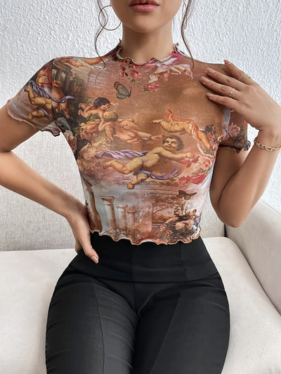 Abstract Print Ruffled Mock Neck Crop T-Shirt - Fashions Envy