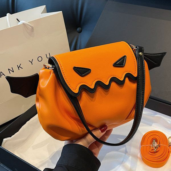 Halloween Pumpkin Crossbody Bag - Cartoon Shoulder Bag with Wings