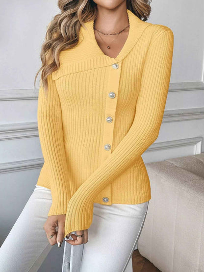 Ribbed Button-Up Cardigan - Chic Asymmetrical Style - Fashions Envy