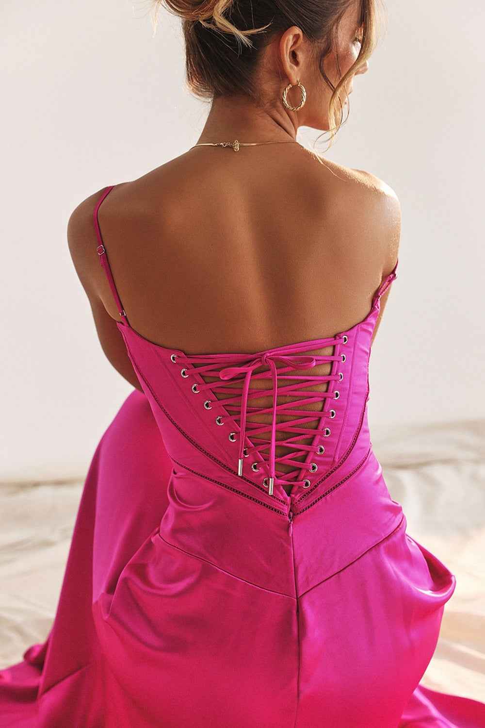 Corset Back Maxi Dress - Spaghetti Strap Slim Fit Camisole Gown