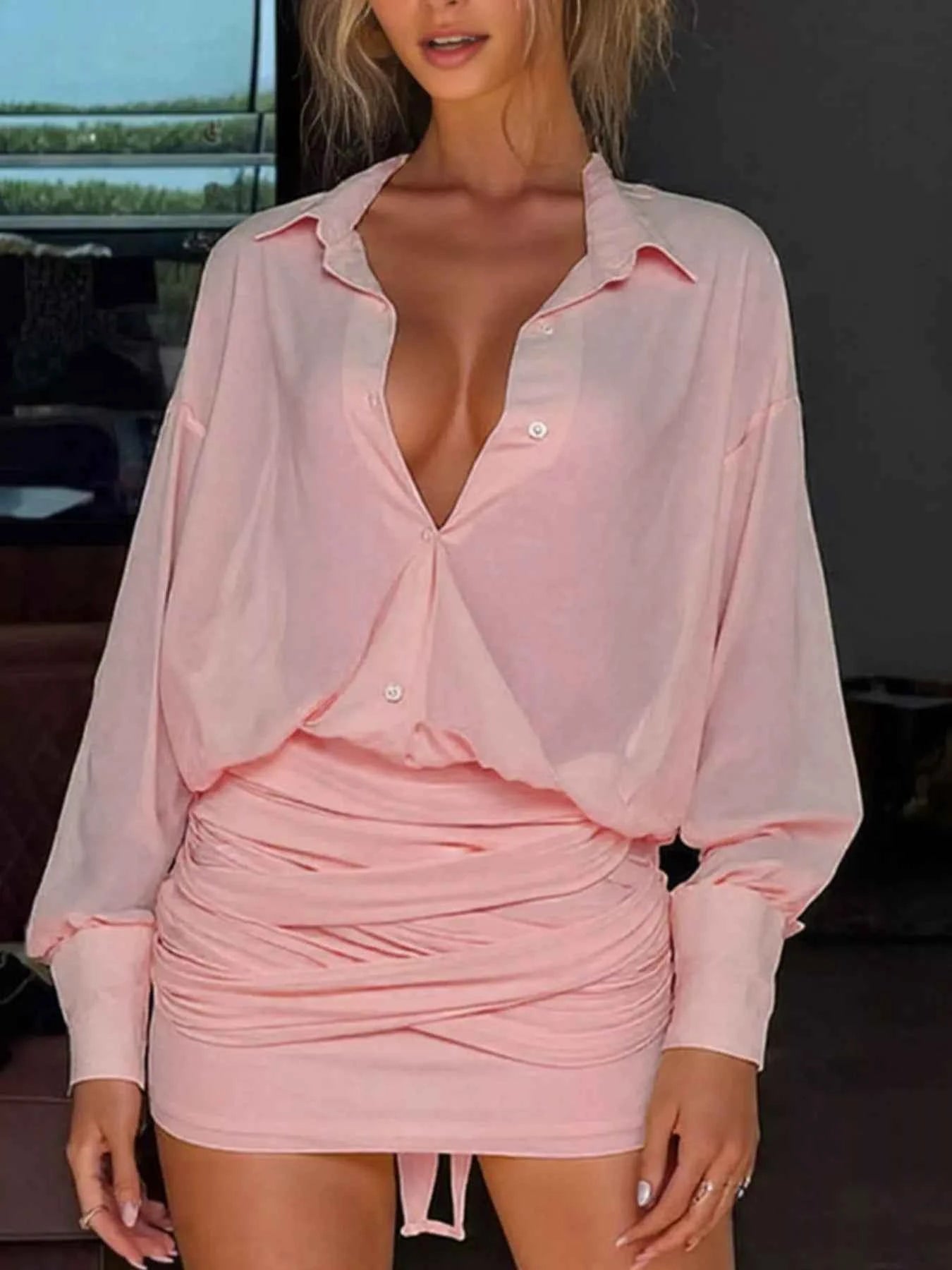 Sheer Button-Down Mini Shirt Dress with Back Tie