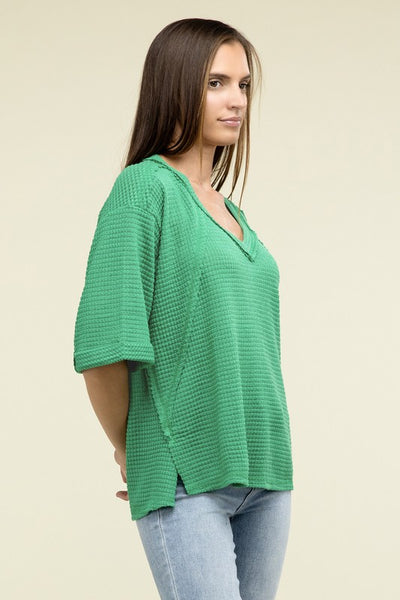 Brushed Waffle Exposed-Seam 3/4 Sleeve Top - Fashions Envy