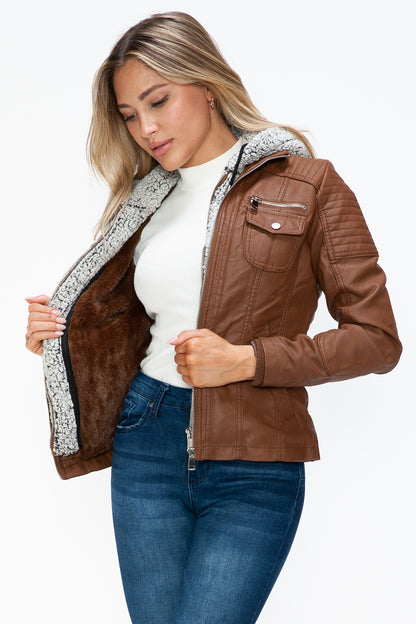 Rust Removable Faux Layered Multi-Pocket Jacket with Fuzzy Hood