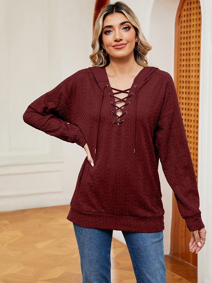 Lace-Up Long Sleeve Hoodie - Fashions Envy