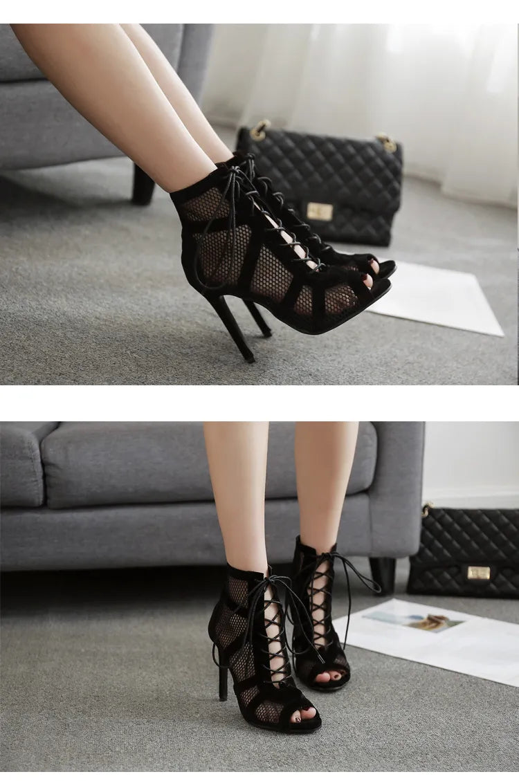 Black Mesh Lace-Up Heels - Sexy Ankle Boot Style