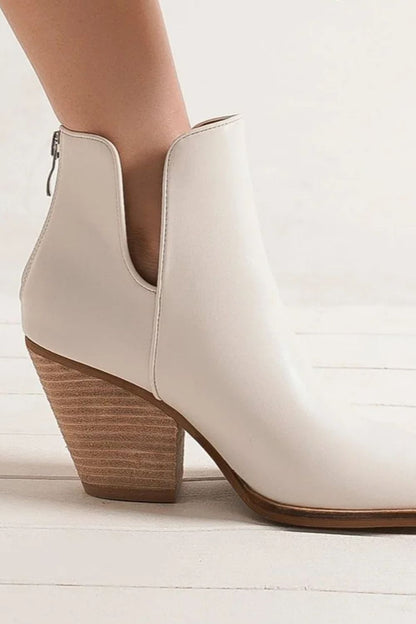 White Pointed Metal-Tip Toe Block Heel Ankle Boots