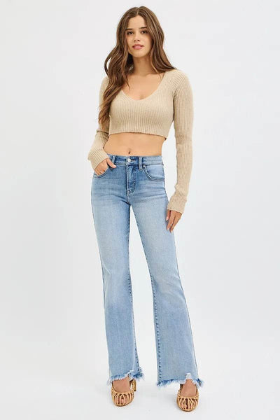 RISEN Full Size Tummy Control Mid Rise Flare Jeans with Fray Hem Detailed Plus Size - Fashions Envy