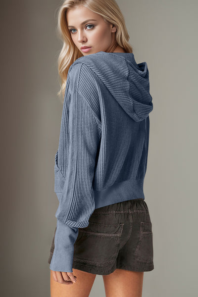 Double Take Waffle-Knit Zip Up Long Sleeve Hooded Jacket - Fashions Envy