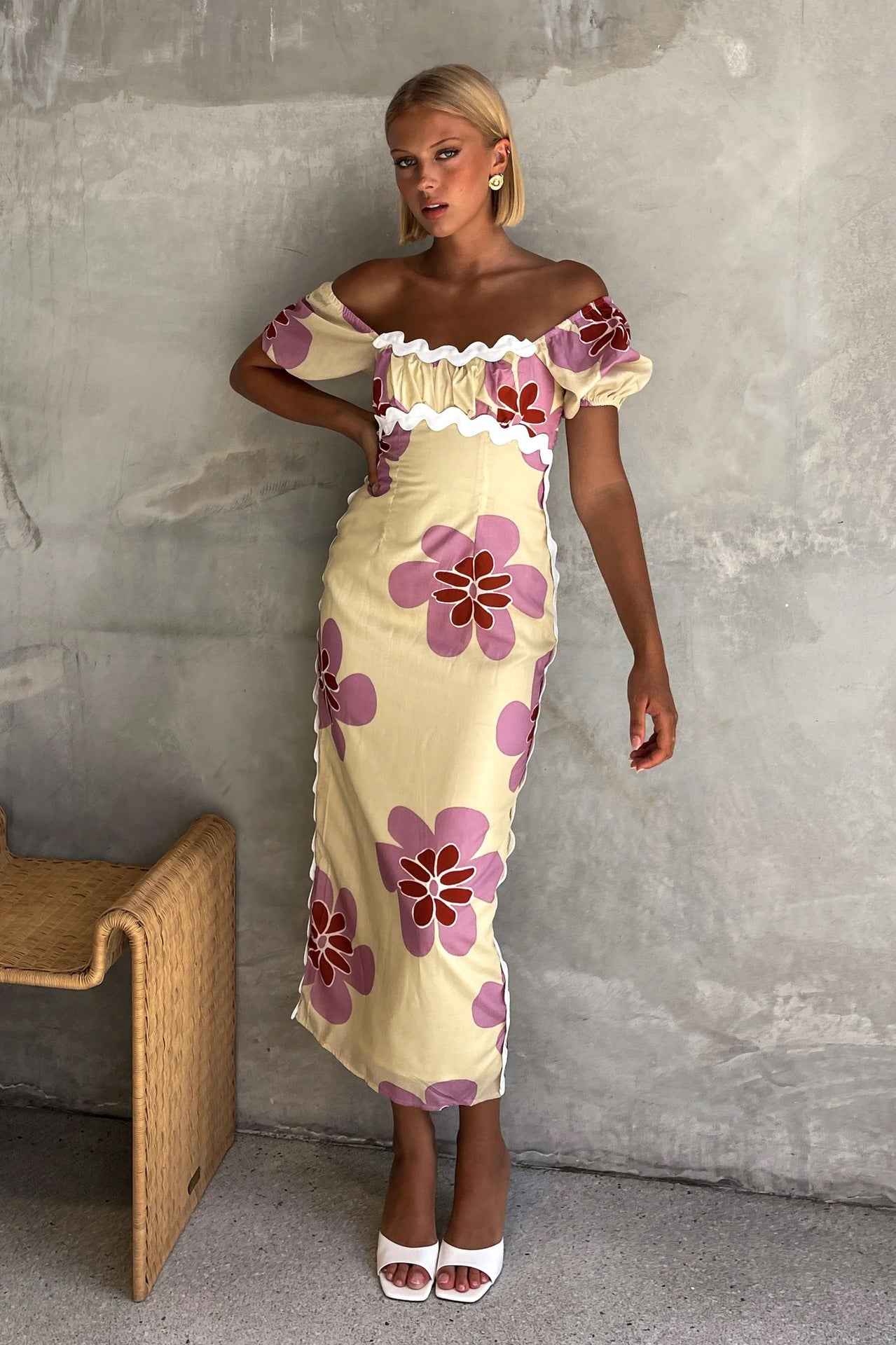 Floral Print Midi Dress - Short Sleeve Front Slit Style