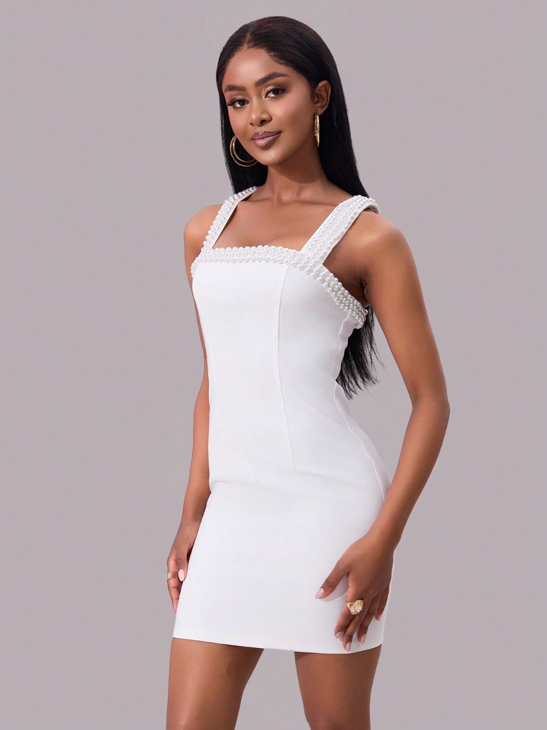 White Pearl Detail Square Neck Wide Strap Mini Dress