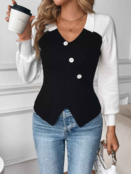Color Block V-Neck Sweater - Chic Button Detail - Fashions Envy