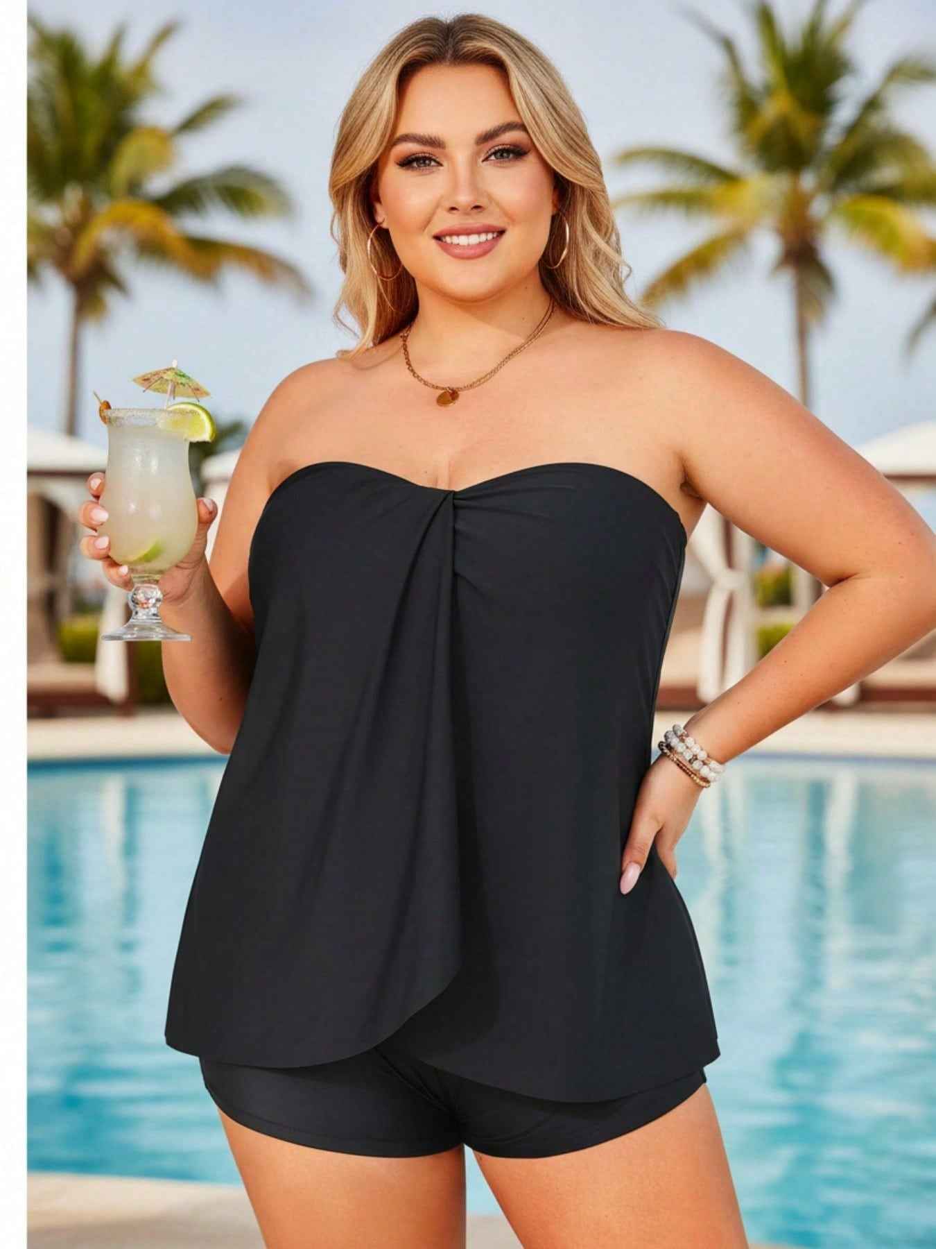 2026 Elegant Bandeau Tankini For Plus Size - Black Flowy Peplum Top, Modest Shorts, Comfortable Beach Vacation Swimwear