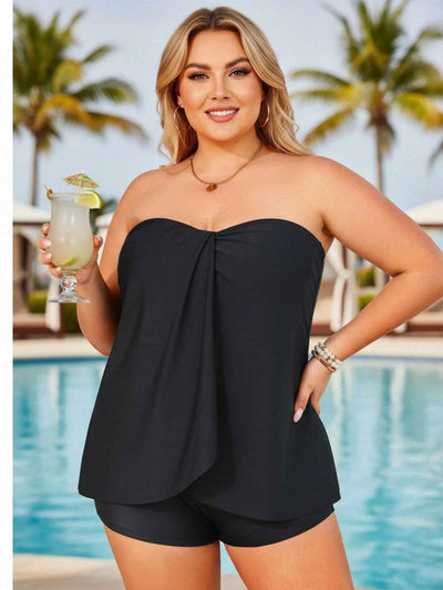 2026 Elegant Bandeau Tankini For Plus Size - Black Flowy Peplum Top, Modest Shorts, Comfortable Beach Vacation Swimwear