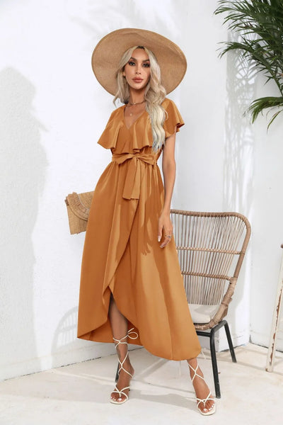 Tied Front Midi Dress - Ruffle Short Sleeve Slit Hem