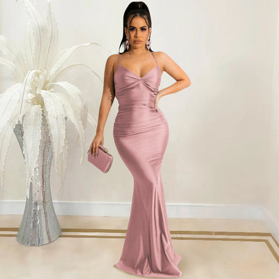 Spaghetti Strap Backless Maxi Dress - Tie Up Bodycon Satin