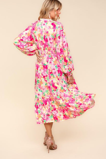 Pink-Multicolor Full Size Floral Surplice Balloon Sleeve Dress with Side Pockets