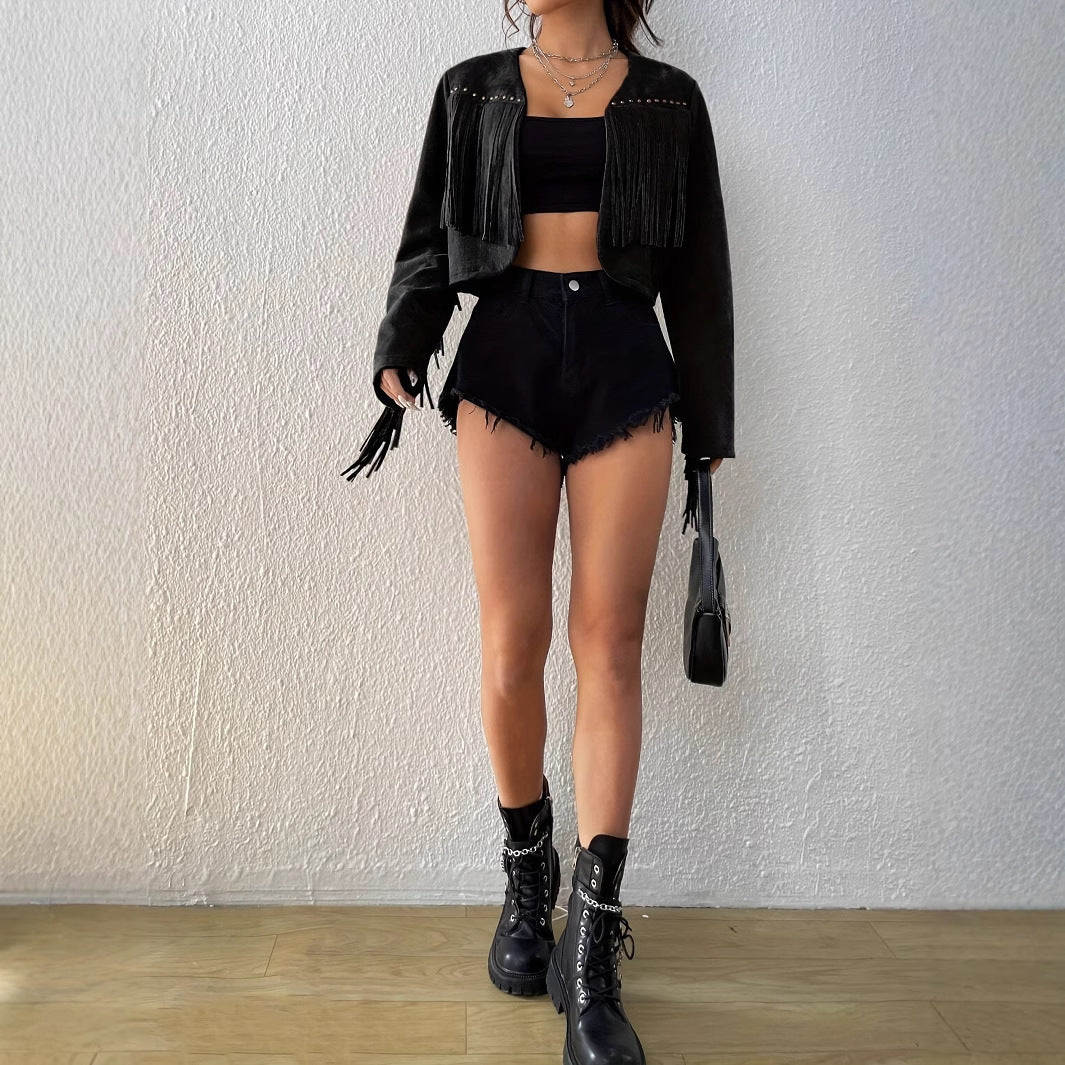 Women's Black Tassel Rivet Front Open Jacket - Short Coat