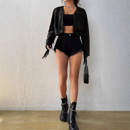 Women's Black Tassel Rivet Front Open Jacket - Short Coat