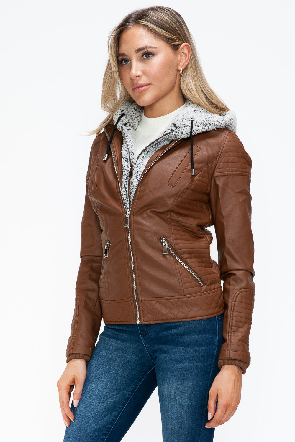 Rust Faux Layered Double-Zipper Jacket with Fuzzy Hood