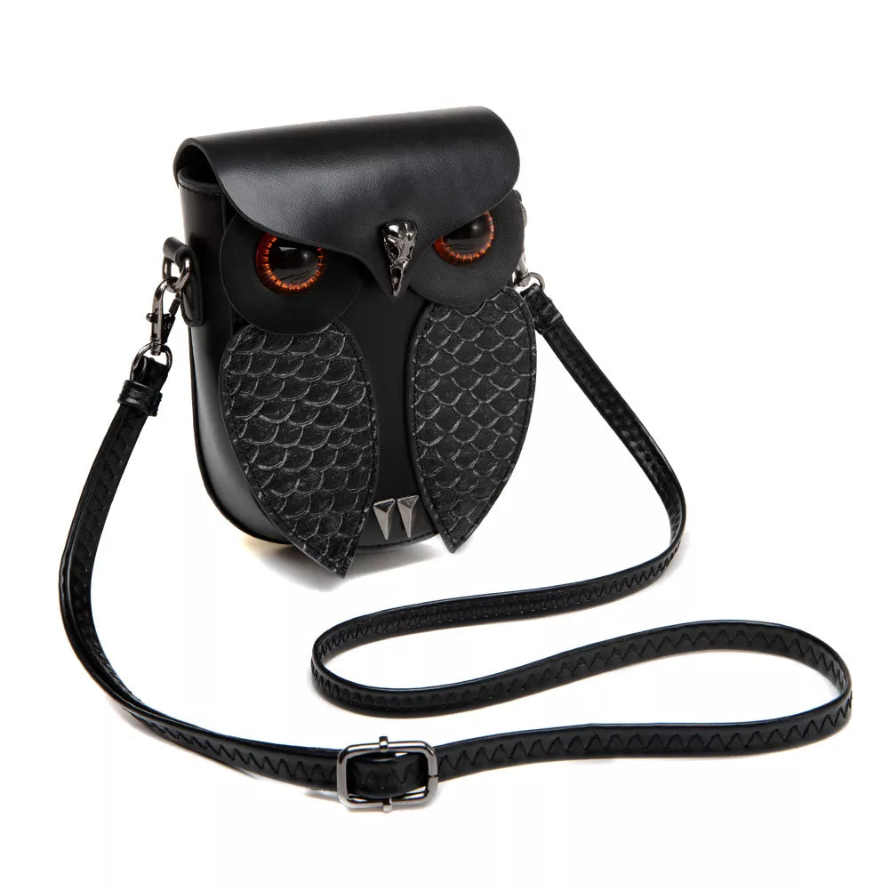 Owl Crossbody Bag - Black Leather Mini Design - Fashions Envy