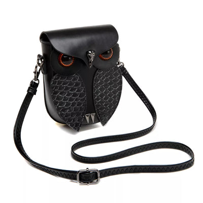 Owl Crossbody Bag - Black Leather Mini Design - Fashions Envy