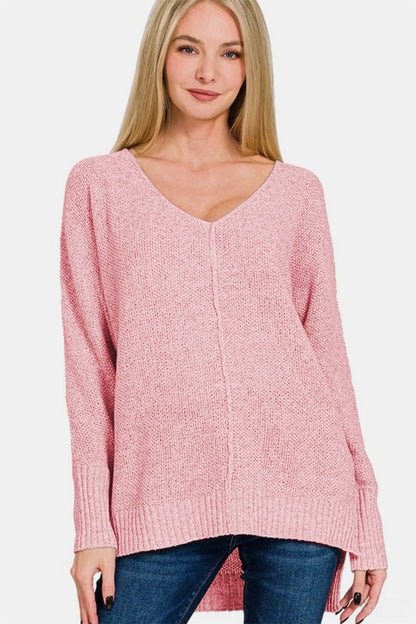 Dusty Pink High-Low Center Seam V-Neck Sweater