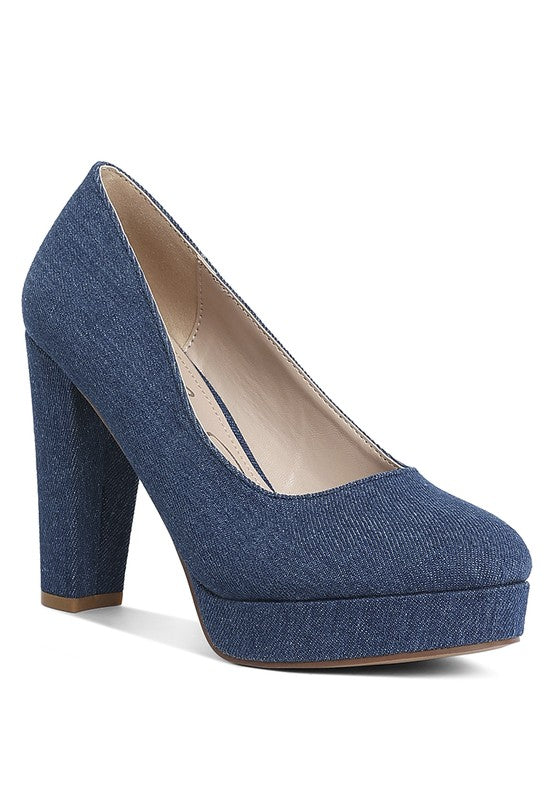 Kostur Blue Denim Block Heel Pumps