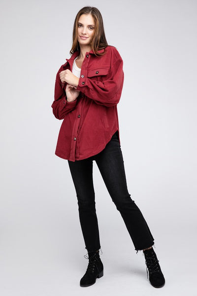 Fleece Buttoned Down Long Sleeve Oversized Jacket - Fashions Envy